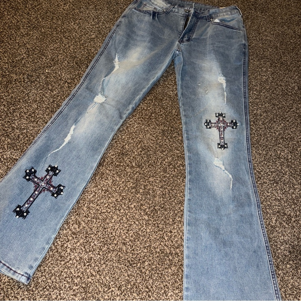 Affliction Light Blue Flare Jeans with Cross Accents